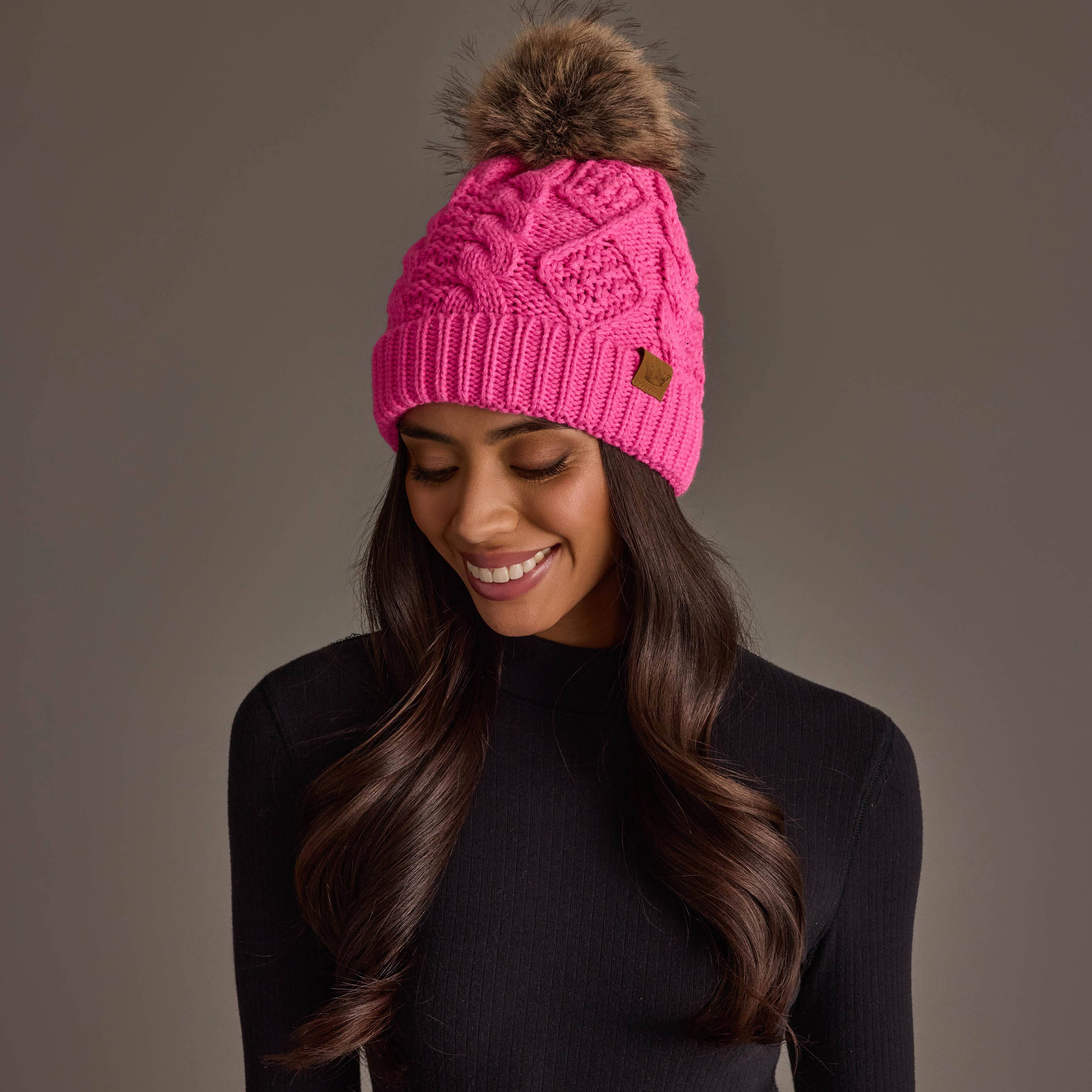 Bright Pink Cable Knit Pom Hat