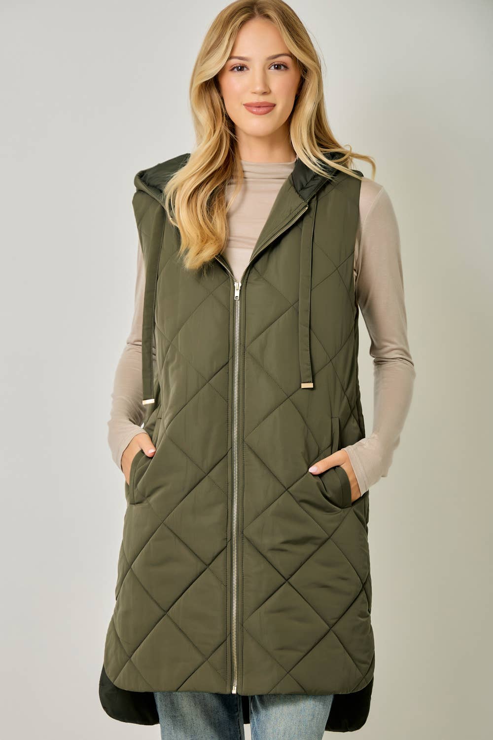 61143 Quilted Puffer Long Hoodie Vest