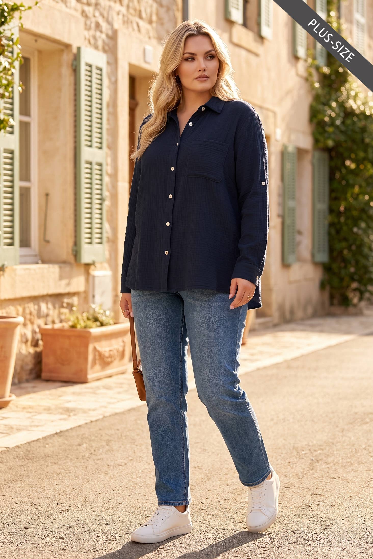 PLUS SIZE 100% Cotton Soft Gauze Button Down Blouse
