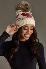 Ivory Cardinal Pattern Pom Hat