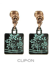FR6249 Patina Tree of Life Square Clip Earrings