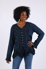 Embroidered Vintage Boho Top Blouse: Earthy Stonewashed