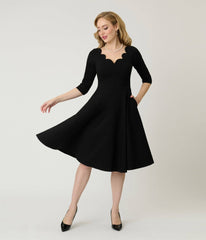 Unique Vintage Black Scalloped Neck Swing Dress