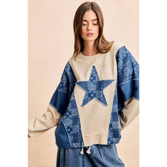 PAISLEY DENIM COMBO FRENCH TERRY STAR PATCH TOP
