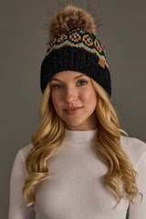Black & Multicolored Patterned Chenille Pom Hat