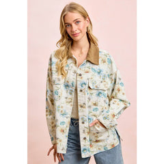 FLOWER PRINTED DENIM JACKET WITH MULTIPLE POCKET