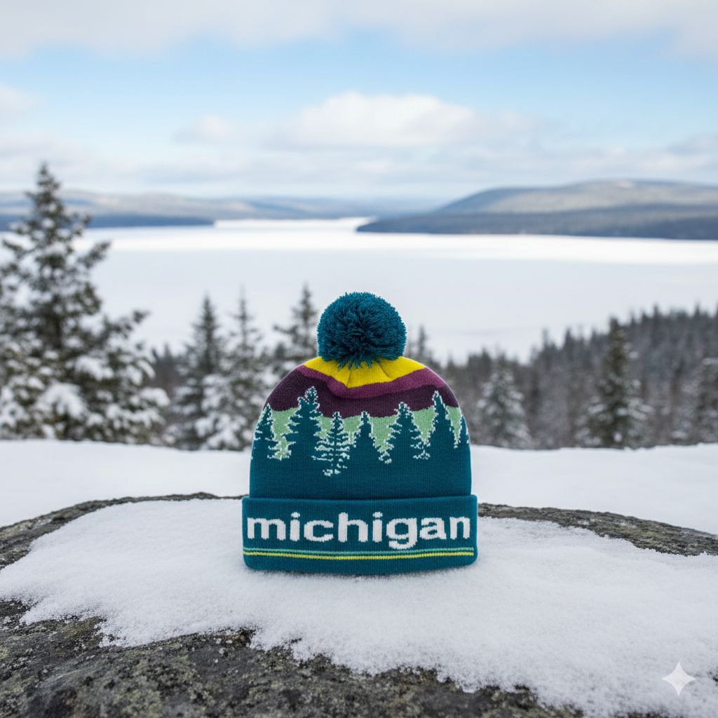 Michigan Forest Sunset Knit Beanie with Pine Tree Landscape