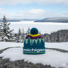 Michigan Forest Sunset Knit Beanie with Pine Tree Landscape