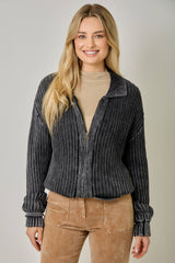 61683 Washed Ribbed Zip-Up Sweater
