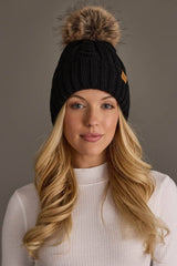 Black Cable Knit Design Pom Hat