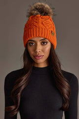 Orange Cable Knit Pom Hat