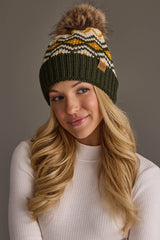 Olive, Cream & Mustard Patterned Pom Hat