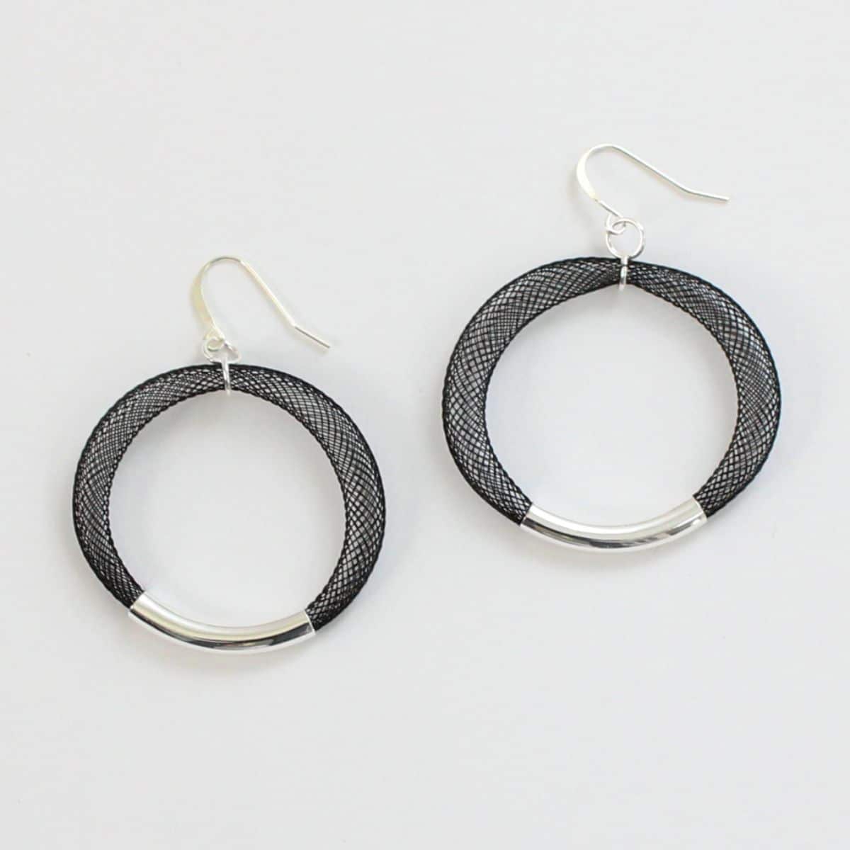 Black Mesh Hoop Earring Silver