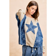 PAISLEY DENIM COMBO FRENCH TERRY STAR PATCH TOP