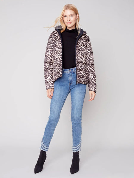 Charlie B Reversible Hooded Leopard/Black Puffer Jacket with Removable Sleeves C6152X - 903A