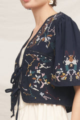 Short Sleeve Embroidered Tie-Front Top