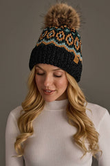Black & Multicolored Patterned Chenille Pom Hat