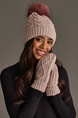 Lt. Pink Cable Knit Hat with Dk. Pink Pom