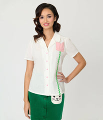 Unique Vintage White Swiss Dot & Tulip Notched Collar Blouse
