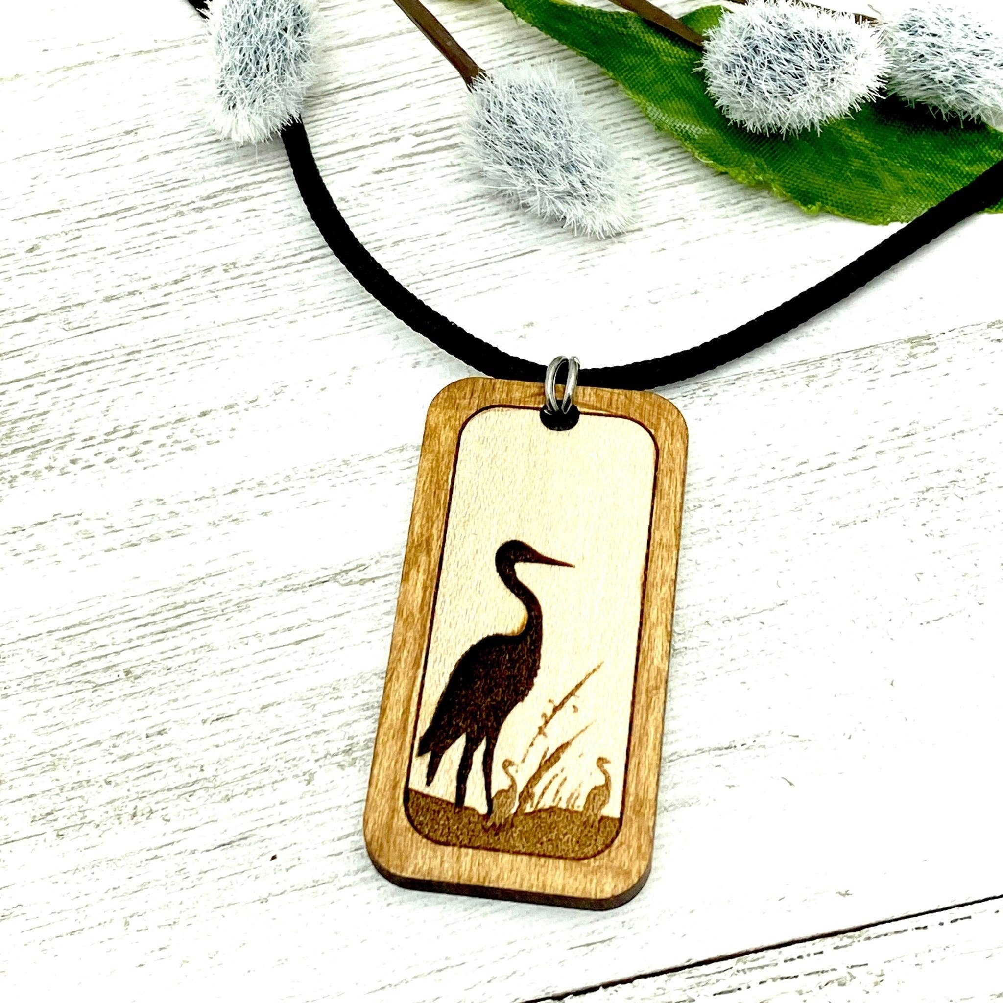Sandhill Crane engraved  Wood  Pendant