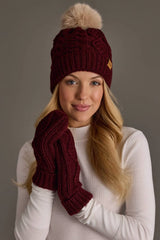 Burgundy Cable Knit Hat with Lt. Tan Pom