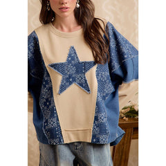 PAISLEY DENIM COMBO FRENCH TERRY STAR PATCH TOP