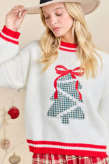 Plaid Tree Knit Sweater with Red Bow – Holiday Pullover