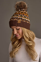 Brown, Mustard & Cream Patterned Pom Hat