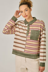 71493 Mixed Stripe Suede Accent Polo Pullover