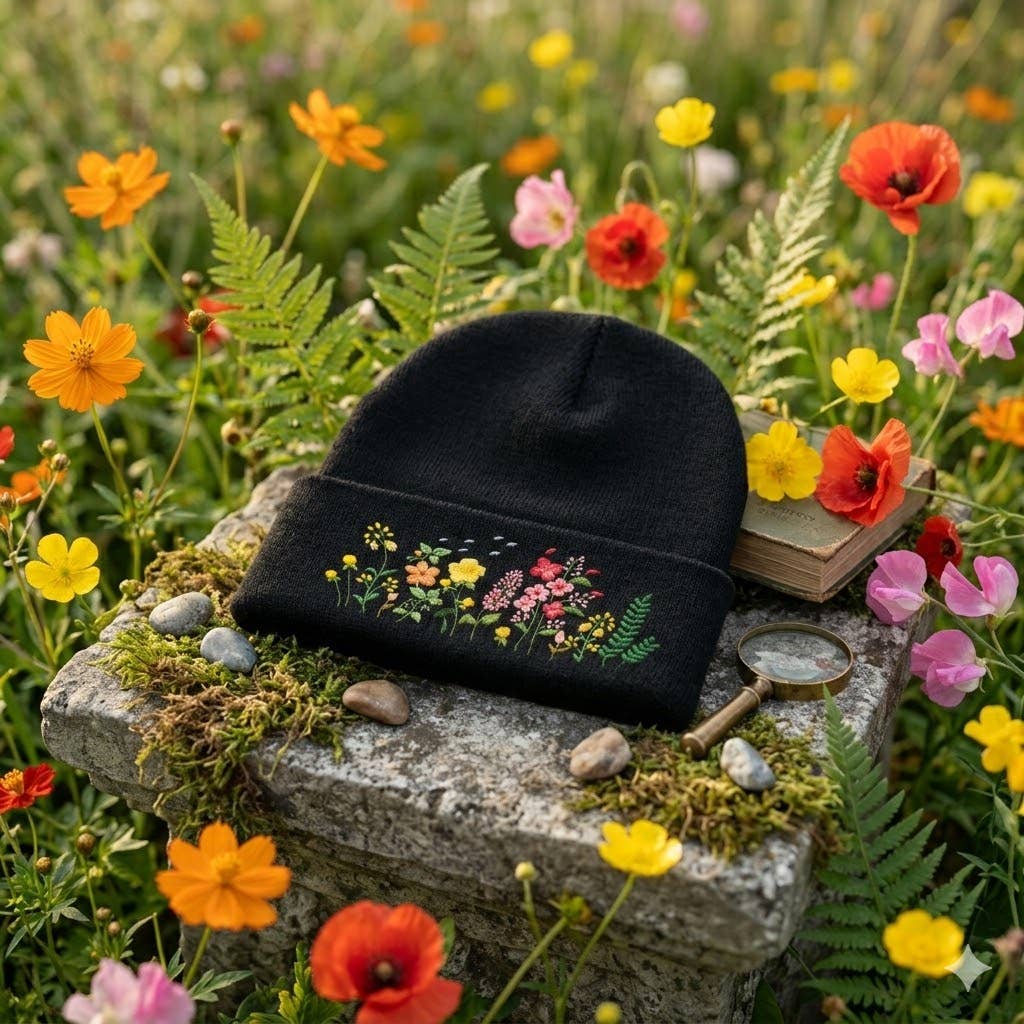 Wildflower Embroidered Knit Beanie – Botanical Cuff Winter Hat