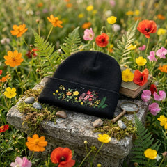 Wildflower Embroidered Knit Beanie – Botanical Cuff Winter Hat