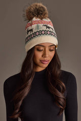 Ivory Deer Winter Pattern Pom Hat