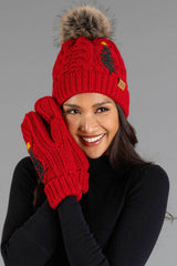 Red Cable Knit Pom Hat w/ Embroidered Tree