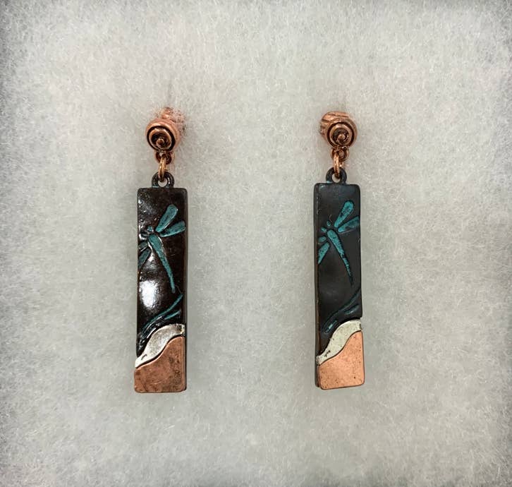 FR5940 Patina Dragonfly Tri-Tone Rectangle Clip Earrings
