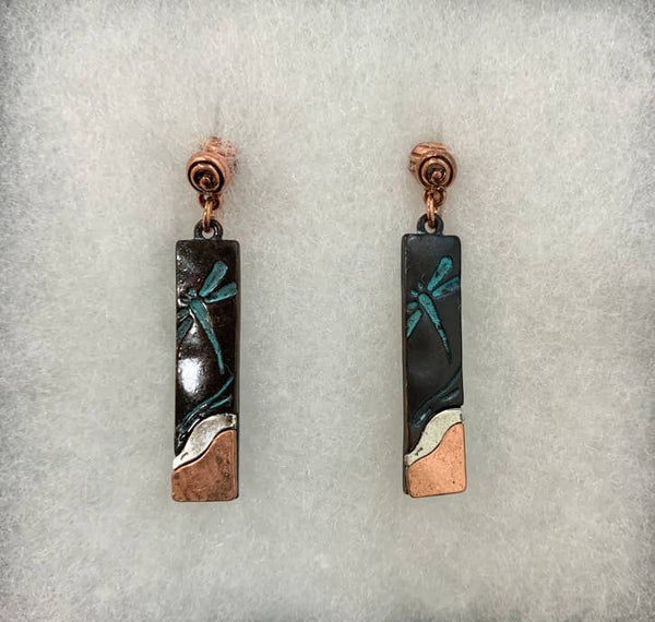 FR5940 Patina Dragonfly Tri-Tone Rectangle Clip Earrings