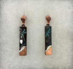 FR5940 Patina Dragonfly Tri-Tone Rectangle Clip Earrings