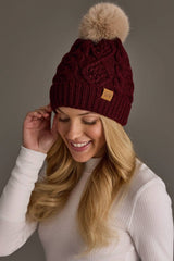 Burgundy Cable Knit Hat with Lt. Tan Pom