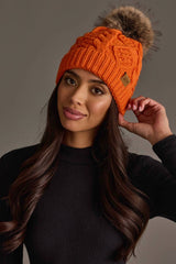 Orange Cable Knit Pom Hat