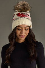 Ivory Cardinal Pattern Pom Hat