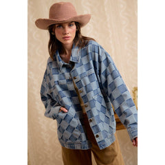 WASHED CHECKER DENIM JACKET WITH OVERSIZED POCKET