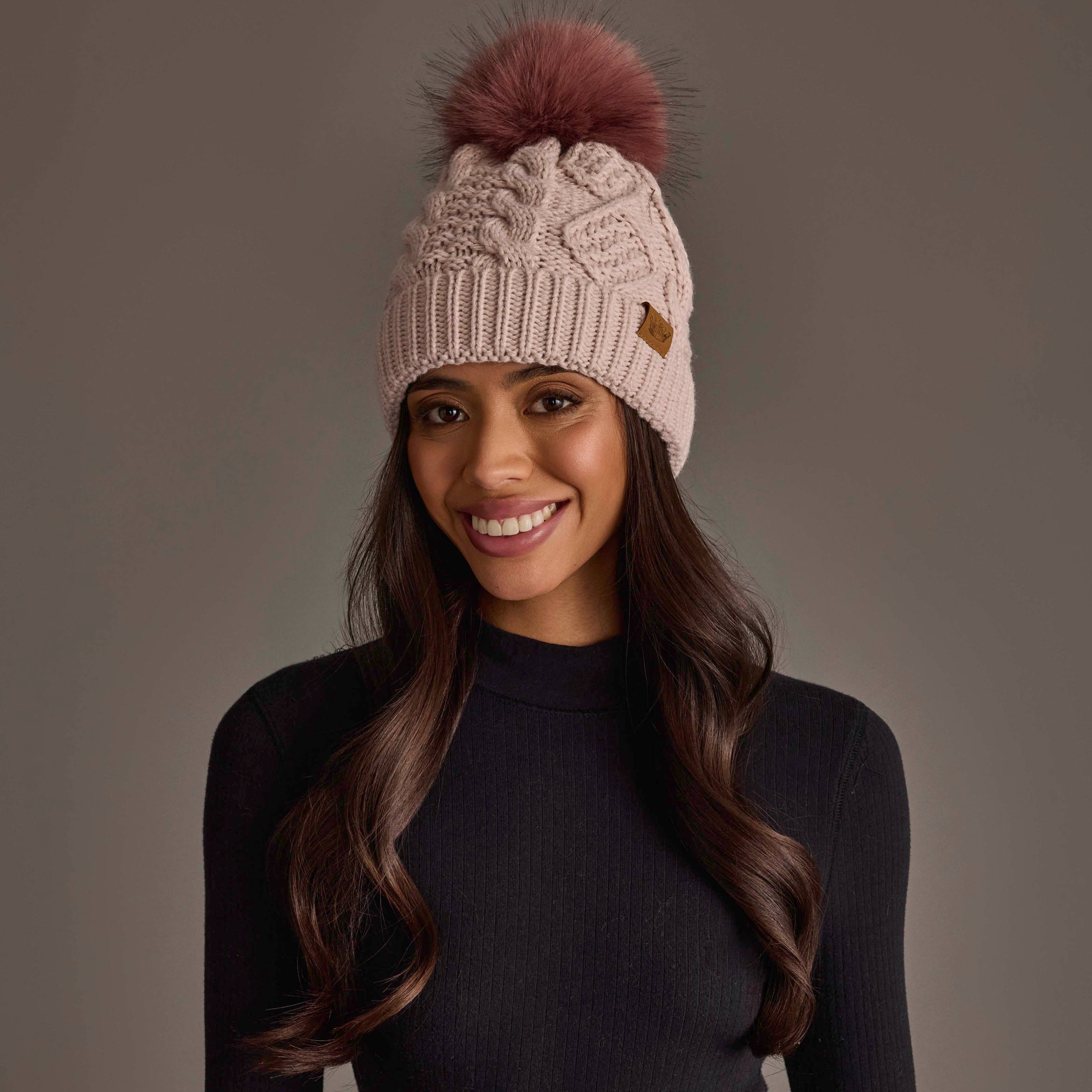 Lt. Pink Cable Knit Hat with Dk. Pink Pom