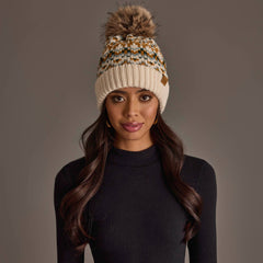 Beige, Mustard & Green Patterned Pom Hat