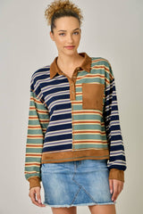 71493 Mixed Stripe Suede Accent Polo Pullover