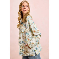 FLOWER PRINTED DENIM JACKET WITH MULTIPLE POCKET