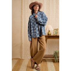 WASHED CHECKER DENIM JACKET WITH OVERSIZED POCKET