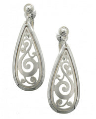 FR2409 Matte Silver Filigree Metal Teardrop Clip Earrings