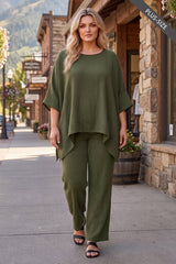 PLUS SIZE 100% Cotton Poncho Style Top + Pull On Pant Set
