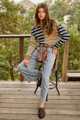 71493 Mixed Stripe Suede Accent Polo Pullover