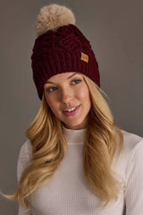 Burgundy Cable Knit Hat with Lt. Tan Pom