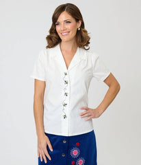 Unique Vintage White & Bee Embroidered Notch Collar Blouse